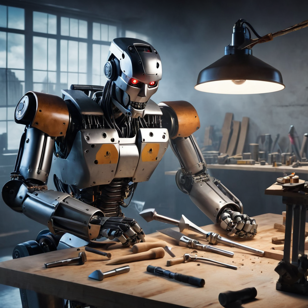 A humanoid robot with glowing red eyes is assembling tools on a wooden workbench in a workshop setting, surrounded by various tools and woodworking materials.