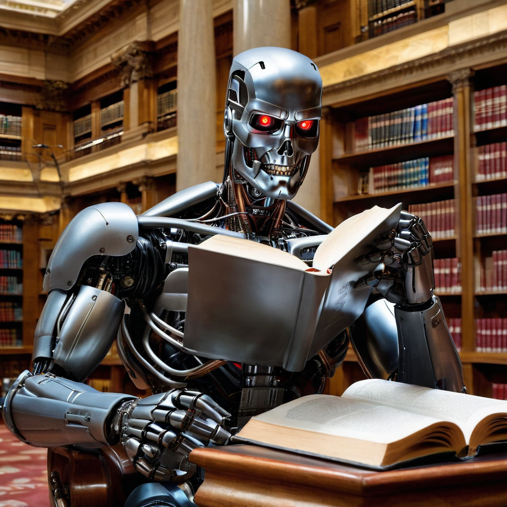 A humanoid robot with a metallic body and glowing red eyes, reading a book while sitting at a wooden table in a library filled with bookshelves.